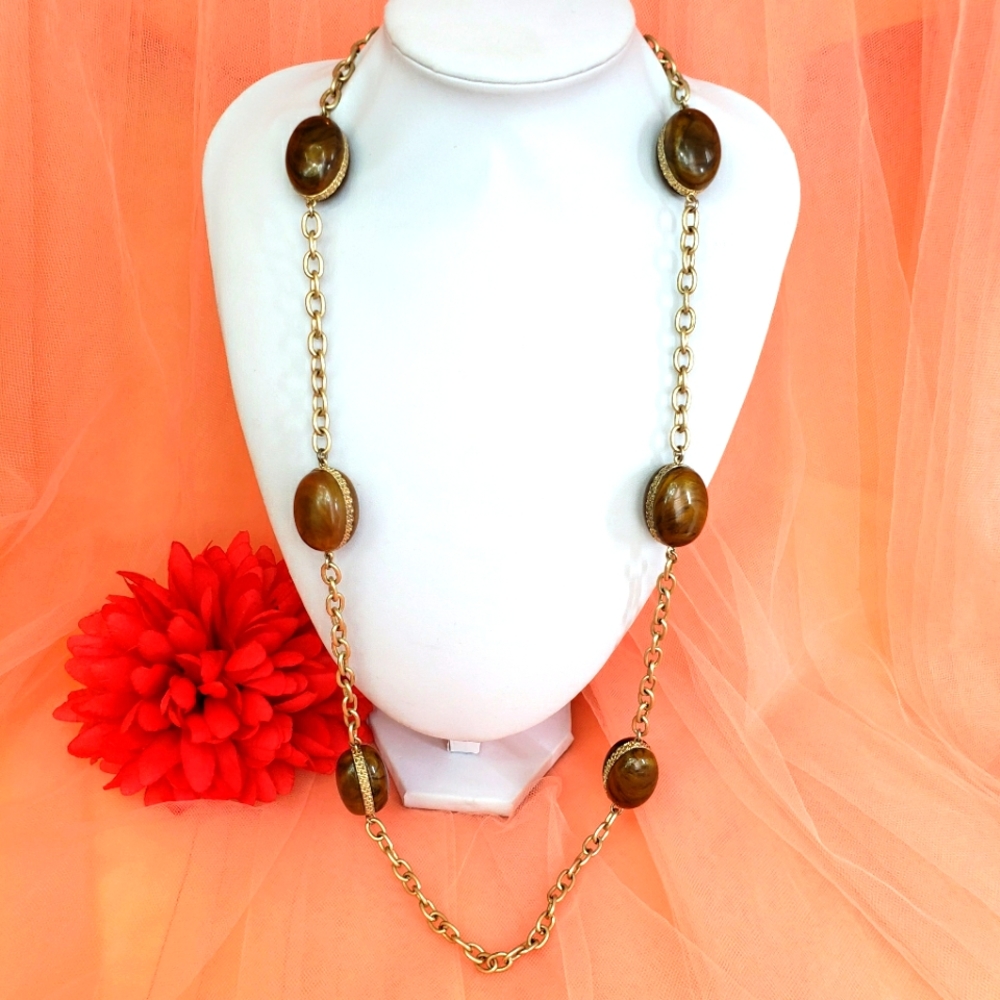 Baskin Brothers Brown Lucite Bead Statement Necklace 34" Long Gold Tone Chain
